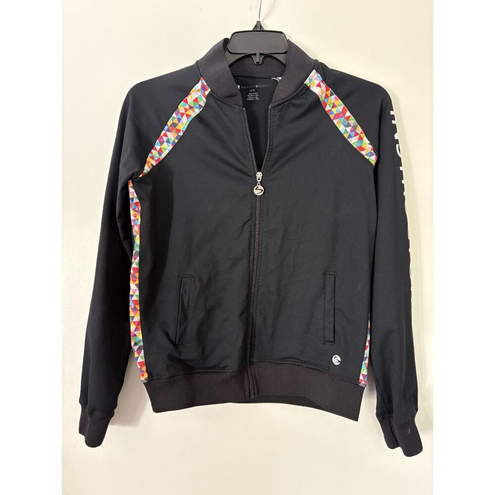 Beachbody Live Instructor Jacket M Full Zip Track Bomber Black Geometric 90s